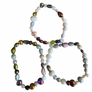 Bundle of Three Handmade Freshwater Pearl Elastic Bracelets.